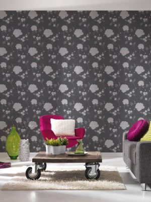 A.S. Création Wallpaper «Flowers, Black, Metallic, Silver» 367012