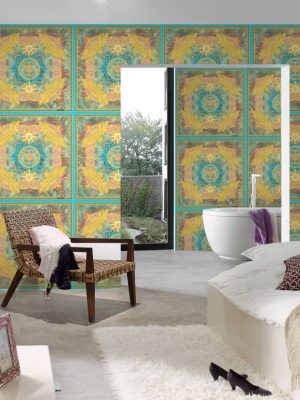 VERSACE HOME WALLPAPER «BAROQUE, BLUE, GOLD, GREEN, METALLIC» 387031