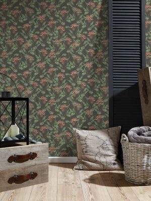 LIVINGWALLS WALLPAPER «FLORAL, BLACK, GREEN, RED» 394301