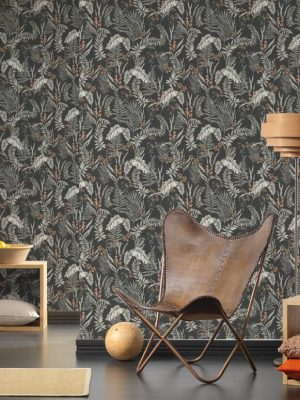 LIVINGWALLS WALLPAPER «FLORAL, BLACK, ORANGE, WHITE» 394341