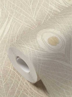 bež tapeta sa paunovim perom za zid